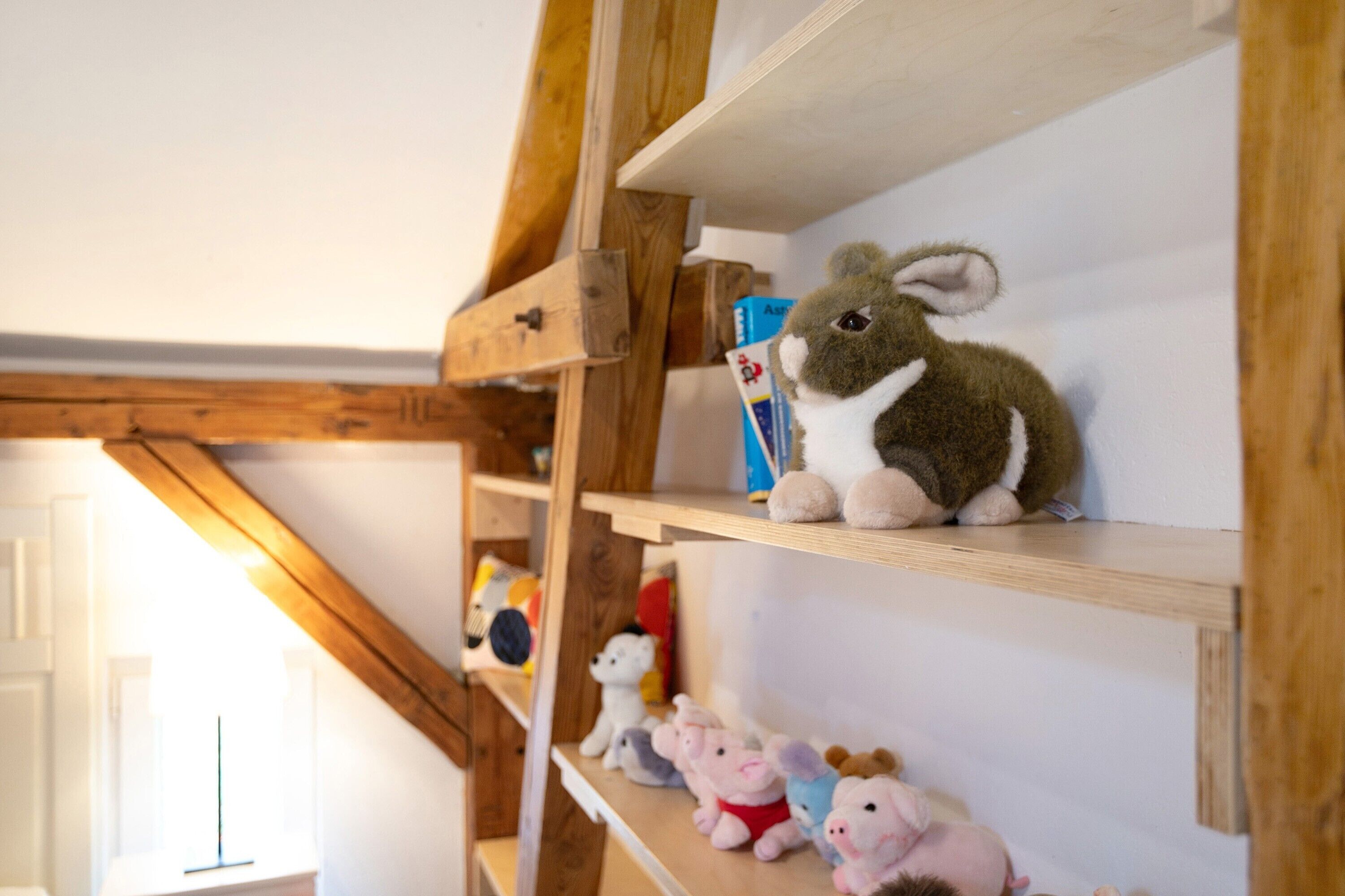 Una estantería de madera con juguetes de peluche y una caja de pañuelos.