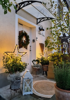 Una entrada bien iluminada con una puerta blanca, luces decorativas en forma de estrella y plantas en macetas.