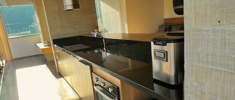 Fridge, microwave, stovetop, cookware/dishes/utensils