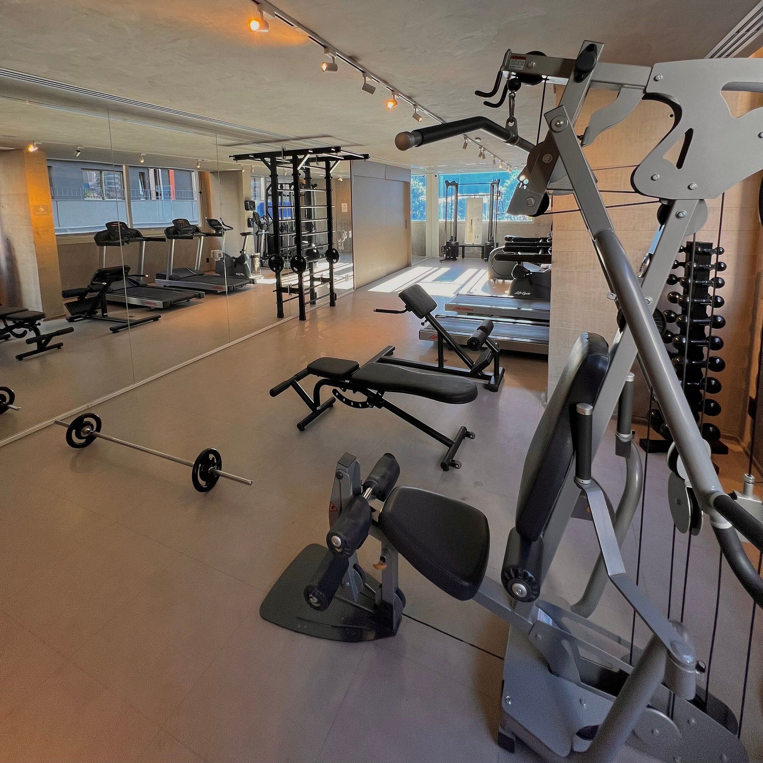 Un gimnasio con cintas de correr, máquinas de pesas y pesas libres.