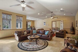 TV, fireplace, video games, foosball