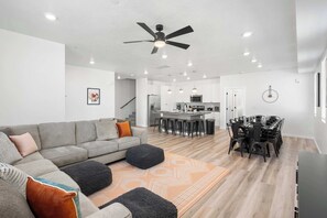 TV, fireplace, video games, foosball