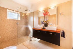 Shower, hair dryer, towels