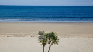 A beach with a clear sky, calm sea, and a single palm tree in the foreground. - 1 bedroom accommodation in Carbis Bay, near St Ives (Carbis Bay, near St Ives)