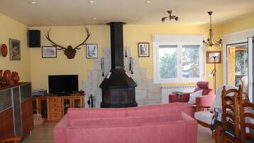 Una sala de estar con chimenea, televisor y sofá.