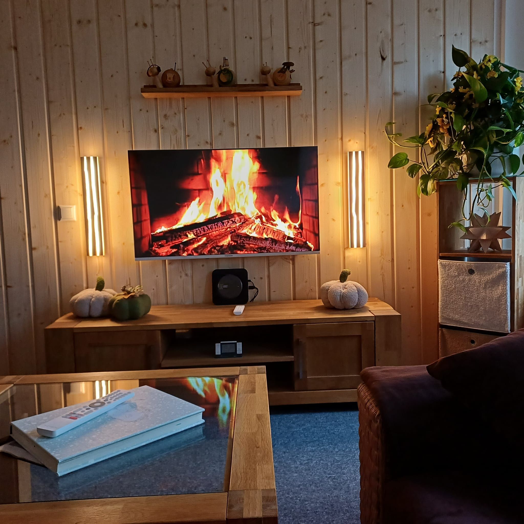 A living room with a flat-screen TV mounted on a wooden wall, a fireplace, and a plant.