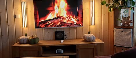 A living room with a flat-screen TV mounted on a wooden wall, a fireplace, and a plant.
