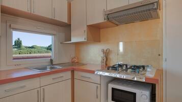 Fridge, microwave, stovetop, coffee/tea maker