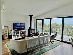 Smart TV, fireplace, foosball, books