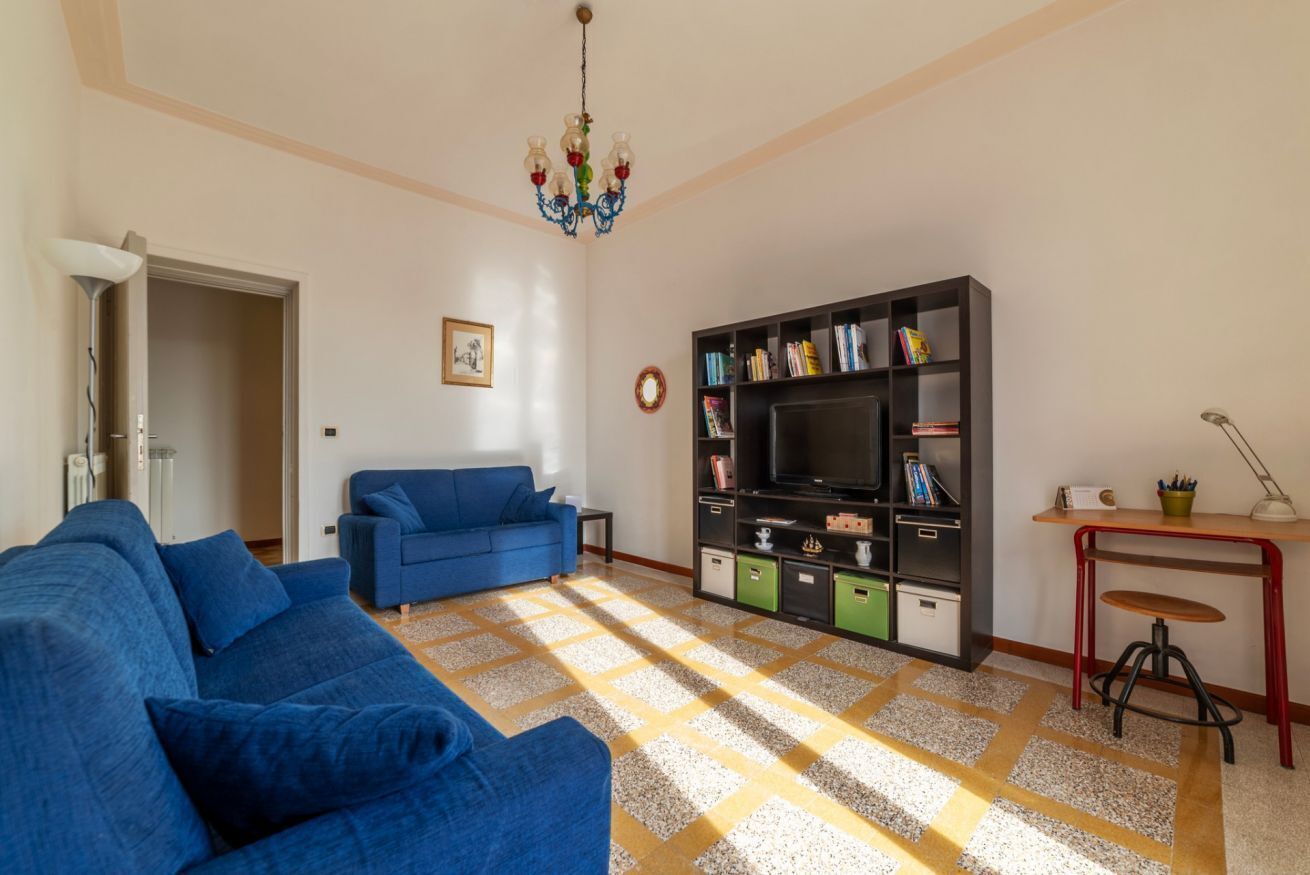 A living room with a blue sofa, a television, a bookshelf, and a patterned carpet.