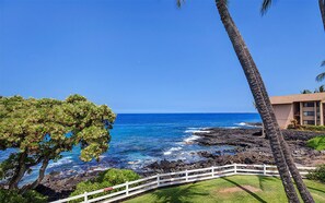 A coastal view with a white fence, a tree, and a building.
