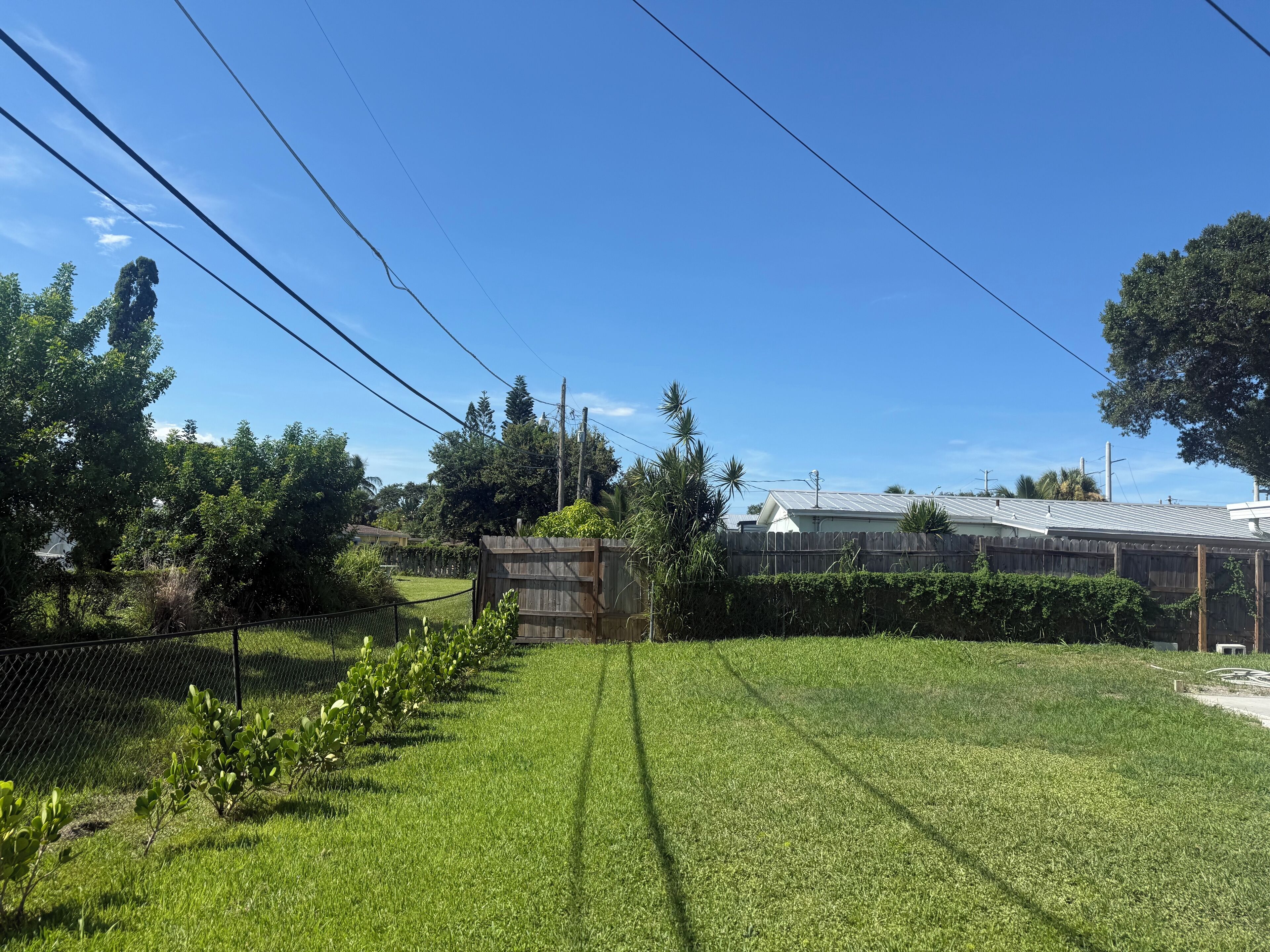 A well-maintained backyard with a neatly trimmed lawn, a wooden fence, and a house with a metal roof in the background.
