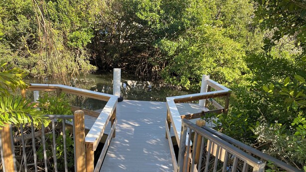 A wooden bridge with metal railings leading to a body of water surrounded by dense greenery. - Charming 2-bedroom house with dock, AC, & Wifi. Enjoy kayaking
2 min from beach (Vero Beach)