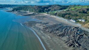 Vista aérea de una zona costera con playa arenosa, terreno rocoso y casas dispersas.