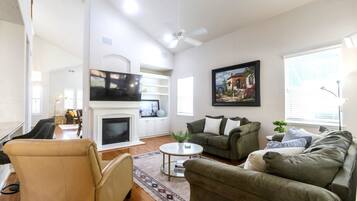 Smart TV, fireplace, computer monitors, printers