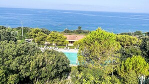 Piscina rodeada por vegetação exuberante, com vista para um mar azul límpido.