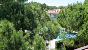 A pool surrounded by dense pine trees, with a house in the background. - Parco Hemingway by Interhome (Lignano Pineta)