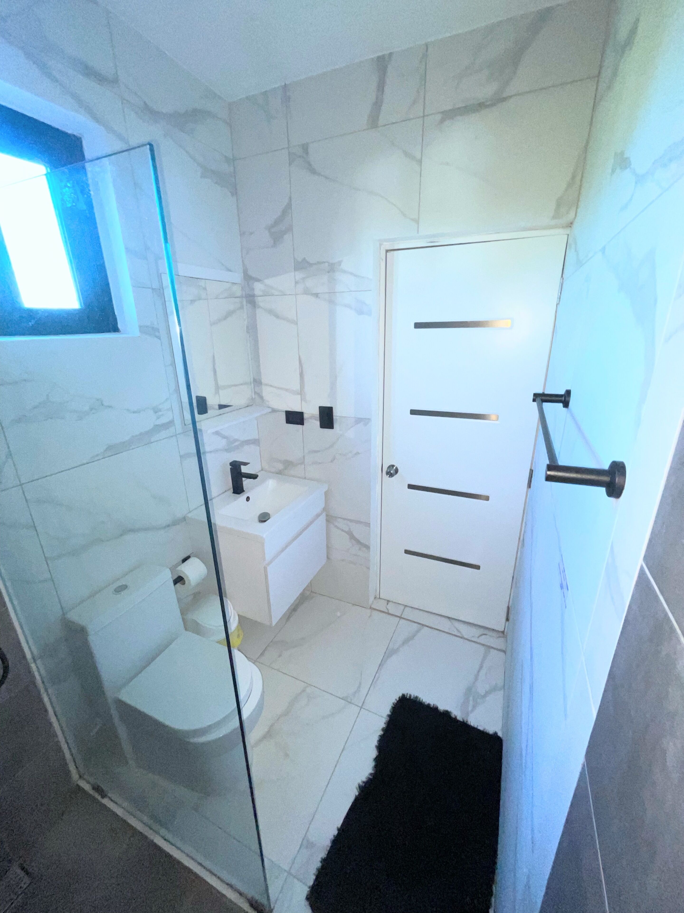 A modern bathroom with a glass-enclosed shower, a white toilet, a sink, and a door with horizontal handles.