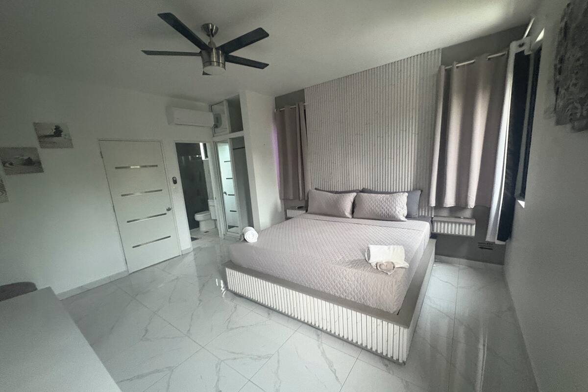 Habitación con cama, ventilador de techo, radiador y baño visible a través de una puerta abierta.