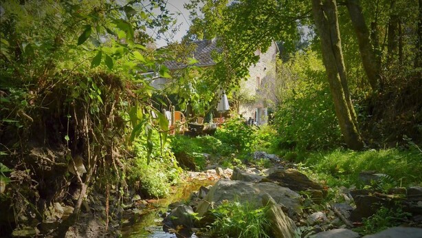 Un entorno natural tranquilo con un arroyo, abundante vegetación y una edificación de piedra al fondo.