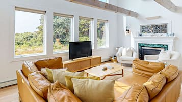 Televisio, takka, pöytätennispöytä