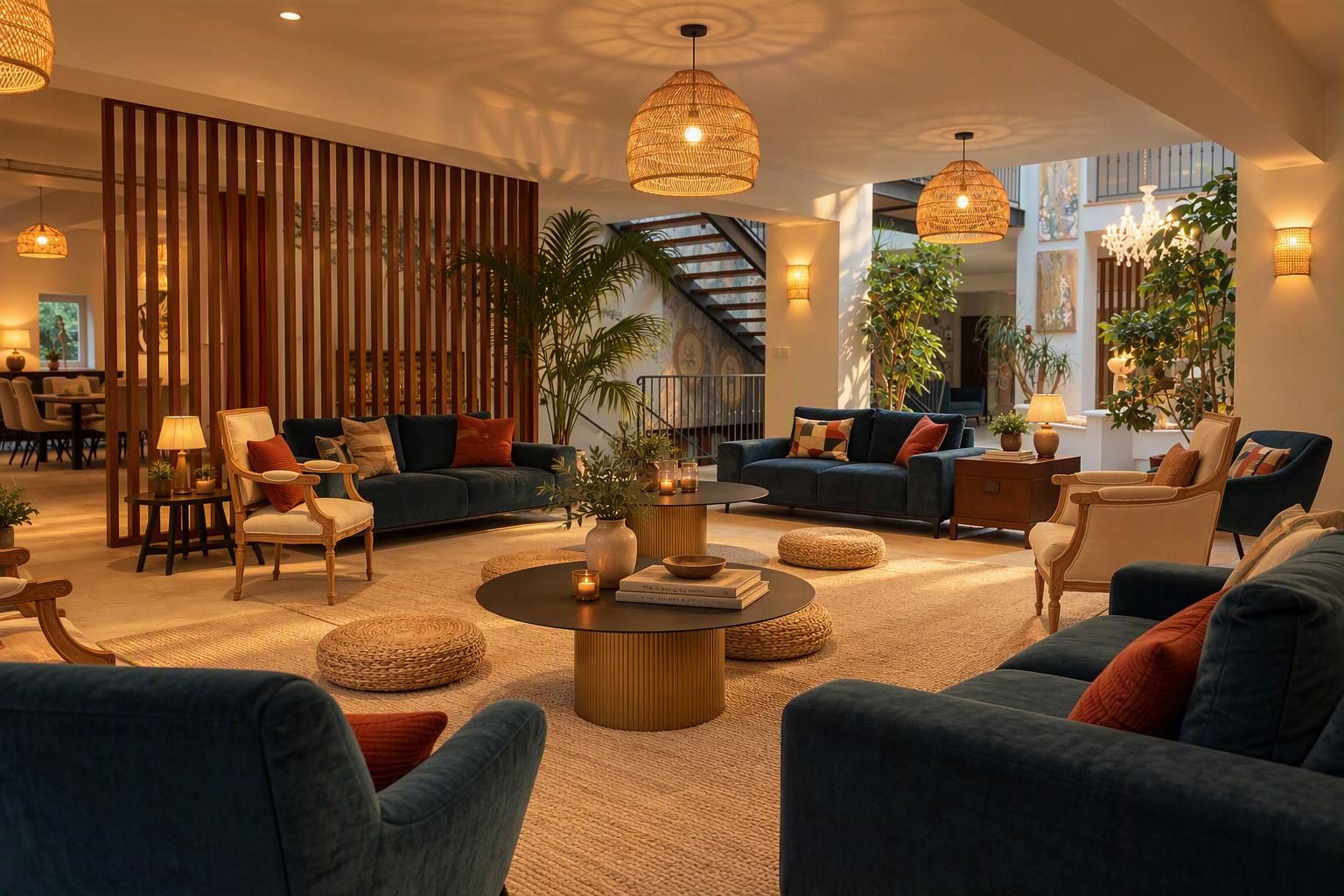 A modern living room with a sofa set, a coffee table, and a decorative wall panel.