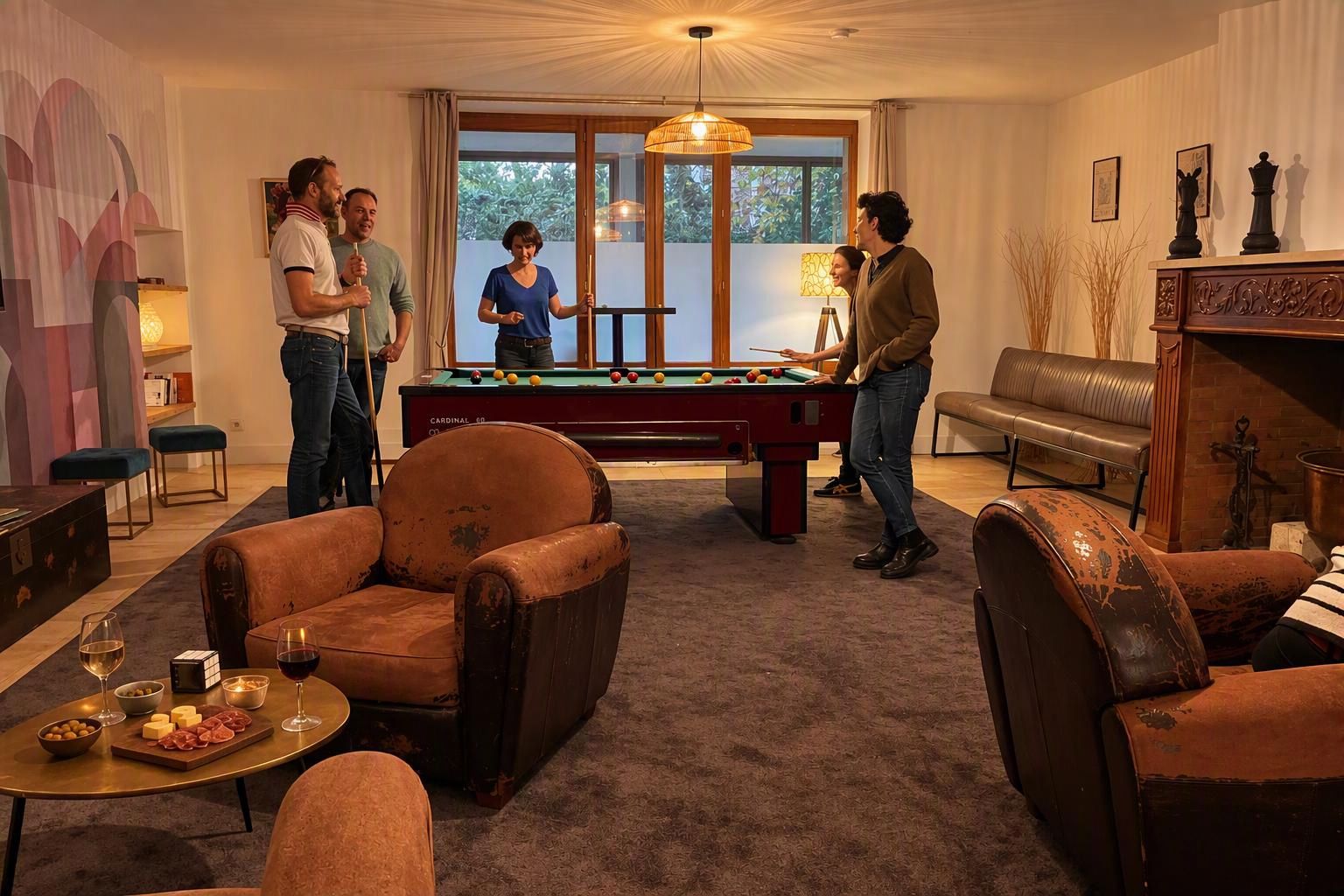 Ein Raum mit Billardtisch, Ledersesseln, einer Couch und einem Kamin.