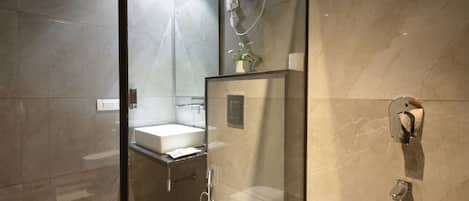 Shower, free toiletries, hair dryer, slippers