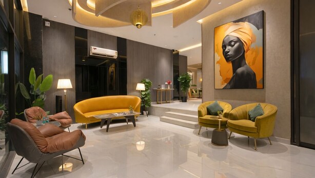 A modern lobby with a yellow sofa, brown armchair, and yellow armchairs. There is a coffee table, a lamp, and a large painting on the wall.