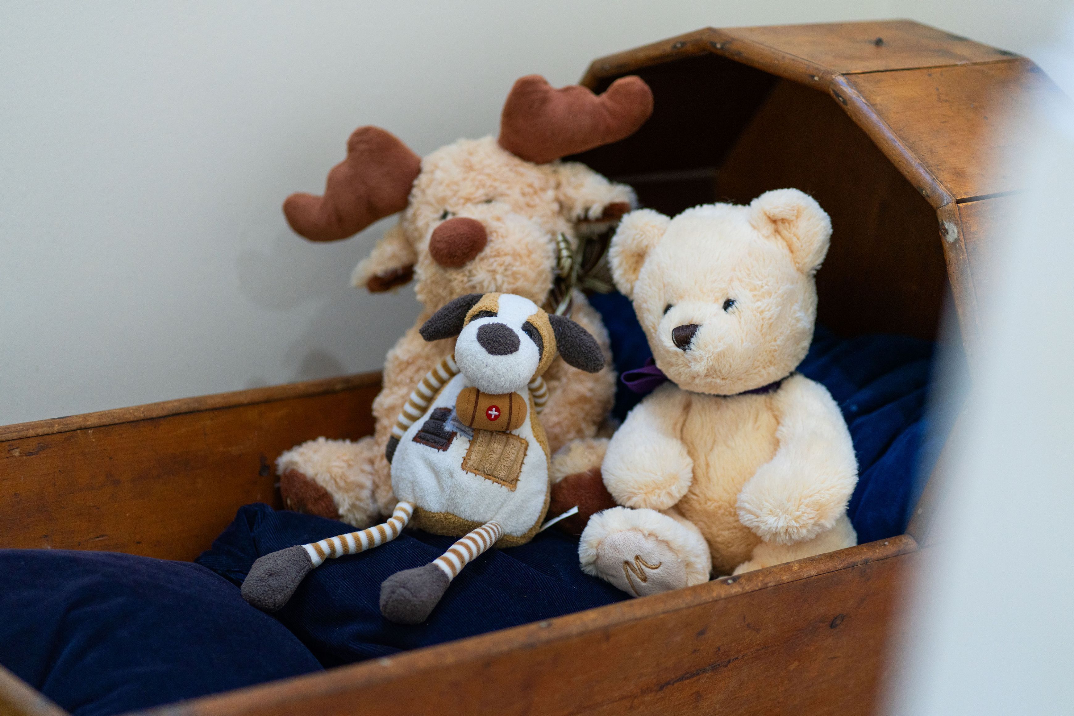 Une boîte en bois contenant des peluches.