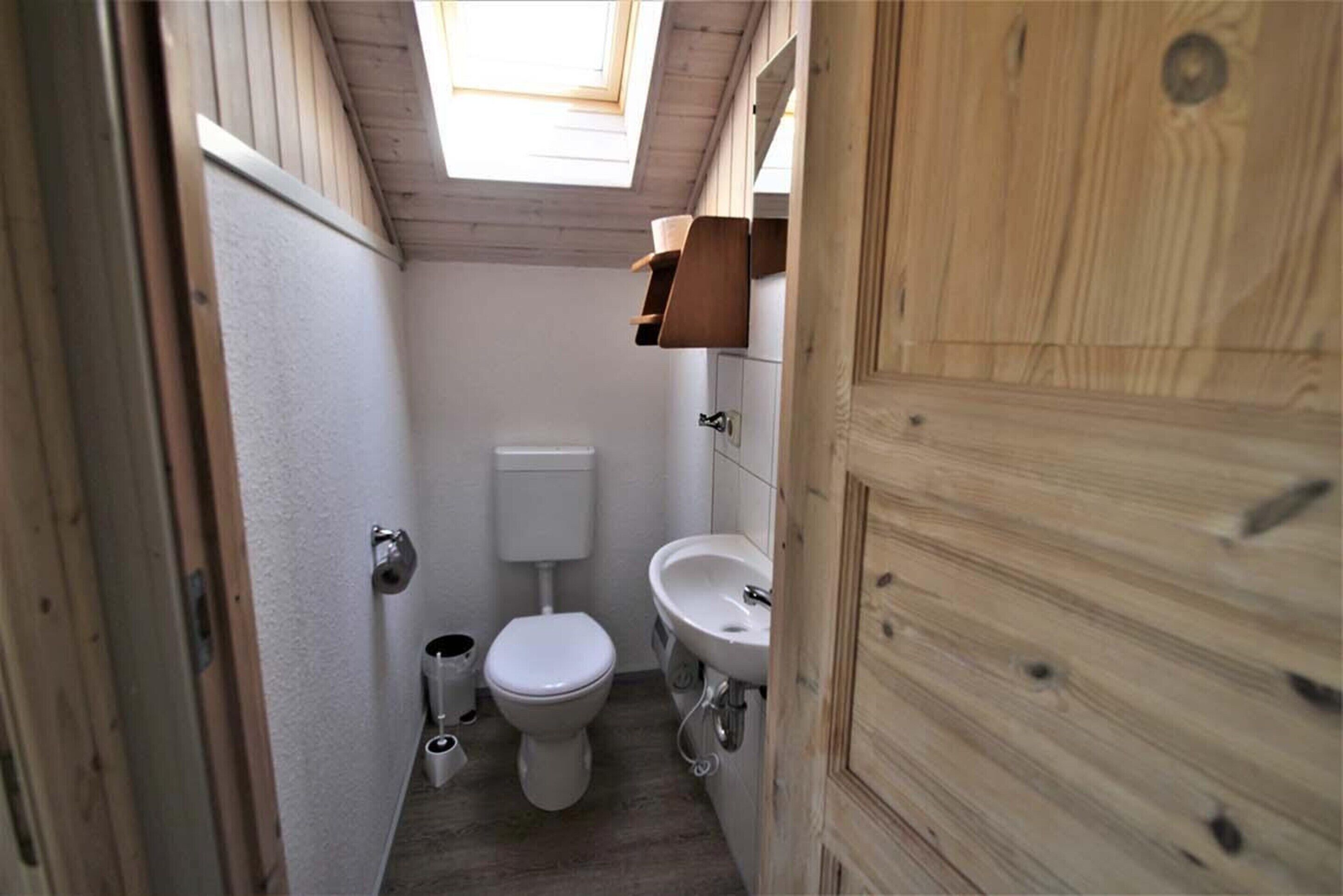 A narrow bathroom with a skylight, a toilet, and a sink.