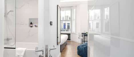 Hair dryer, bidet, towels, soap