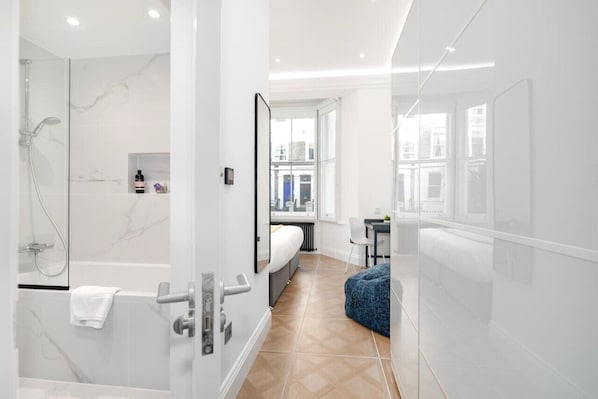 Hair dryer, bidet, towels, soap