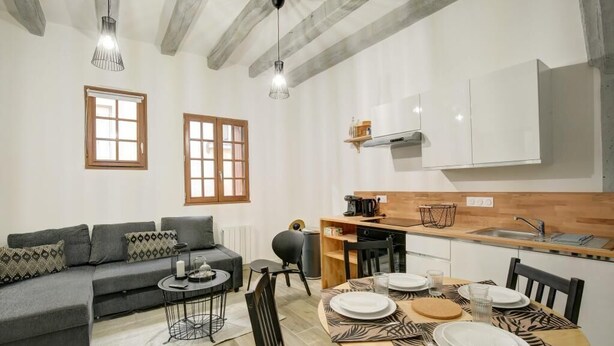 A compact living space with a sofa, dining table, and kitchen area. - Amboise Une Vie de château (Tours)