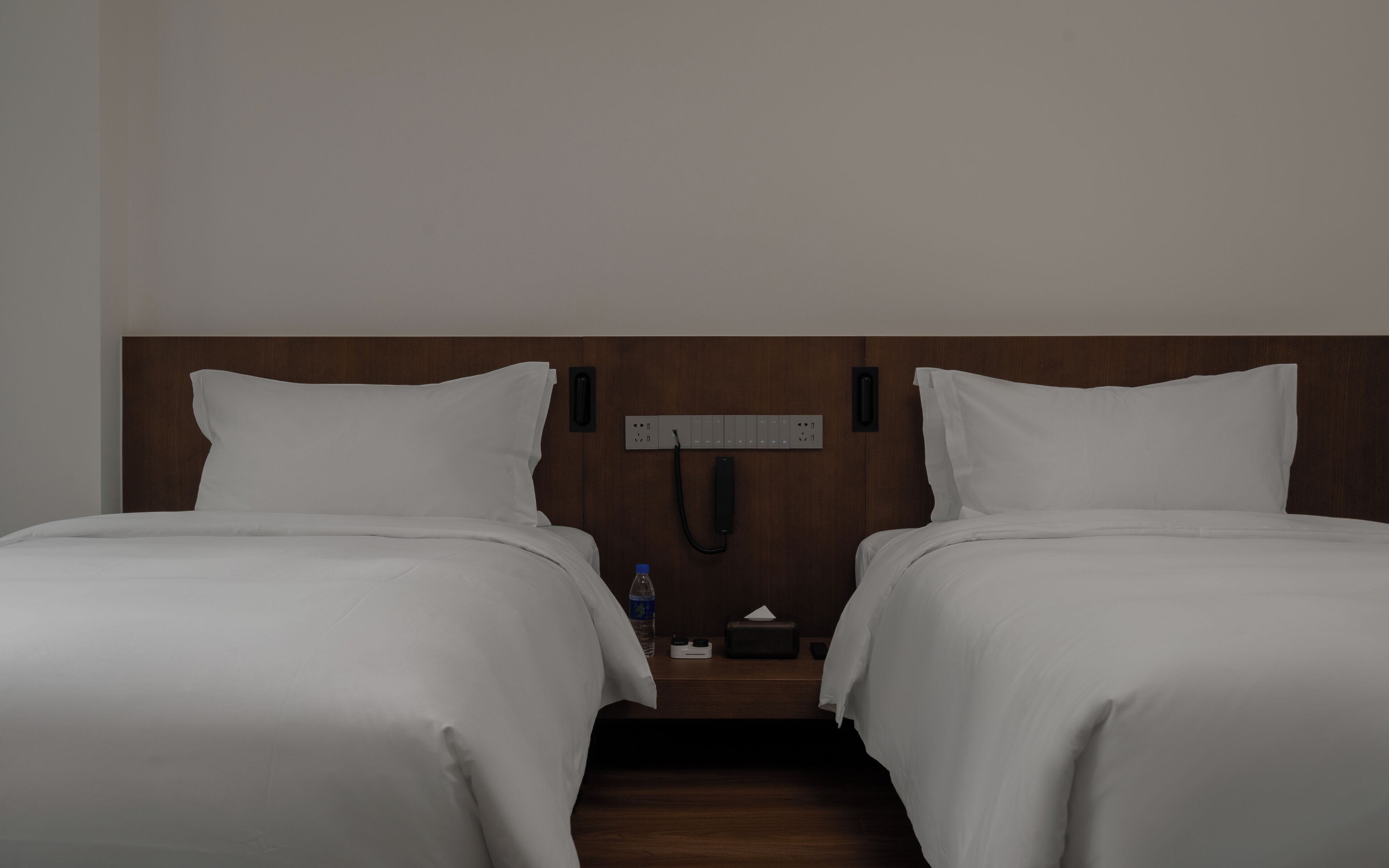 A hotel room with two single beds, a wooden headboard, a bedside table with a bottle, a tissue box, and a phone.