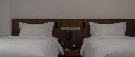 A hotel room with two single beds, a wooden headboard, a bedside table with a bottle, a tissue box, and a phone.