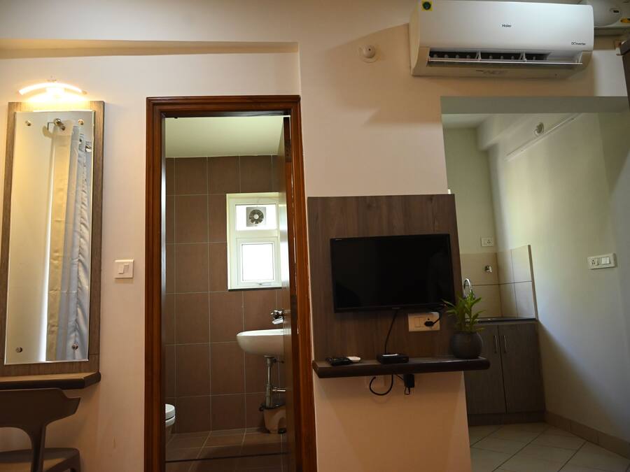 A bathroom with a sink, mirror, and shower. There is a television mounted on the wall and a potted plant on the counter.