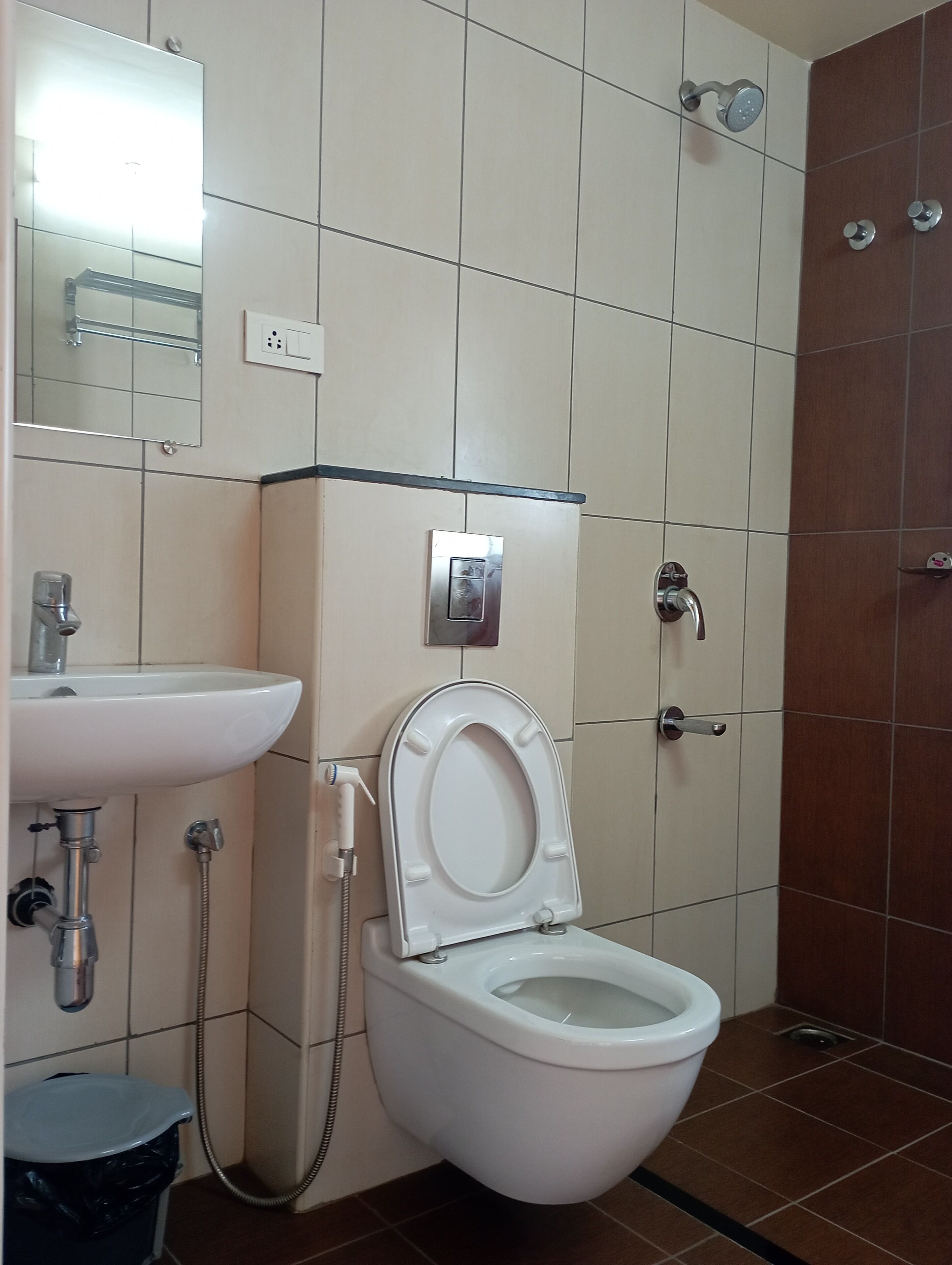 A bathroom with a toilet, sink, and shower.