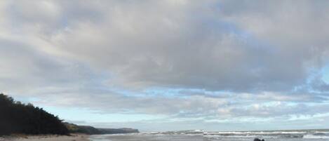A beach with a person standing in the water, a sandy shore, and a cloudy sky.
