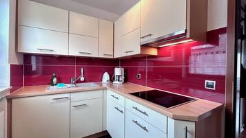 Kühlschrank, Mikrowelle, Herdplatte, Wasserkocher mit Kaffee-/Teezubehör