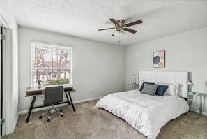 1 bedroom, desk, iron/ironing board, travel cot