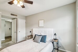 1 bedroom, desk, iron/ironing board, travel cot