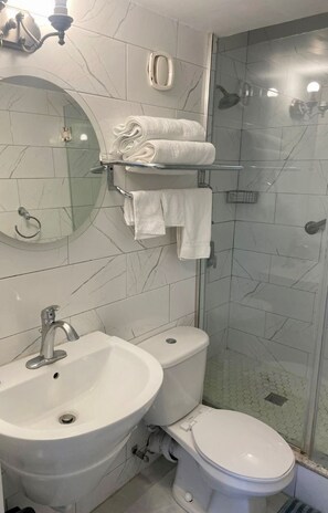 A bathroom with a sink, toilet, and glass-enclosed shower.