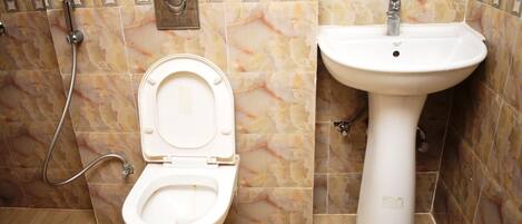 A bathroom with a toilet and a sink, both with white fixtures, and a showerhead.