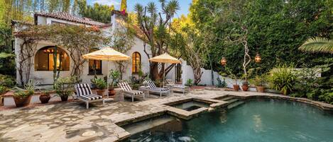 Outdoor pool, pool umbrellas, pool loungers