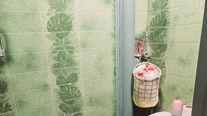 A bathroom with green patterned tiles, a toilet, a trash bin, and a hand dryer. - Room-private Room Antwerpen (Antwerp)