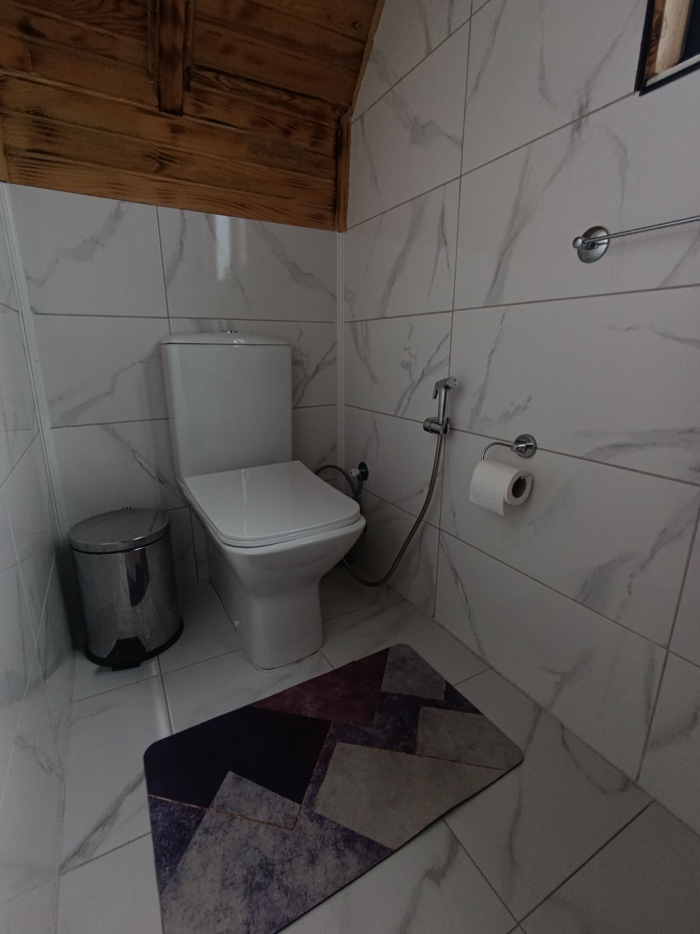A bathroom with a toilet, a shower, and a trash bin.