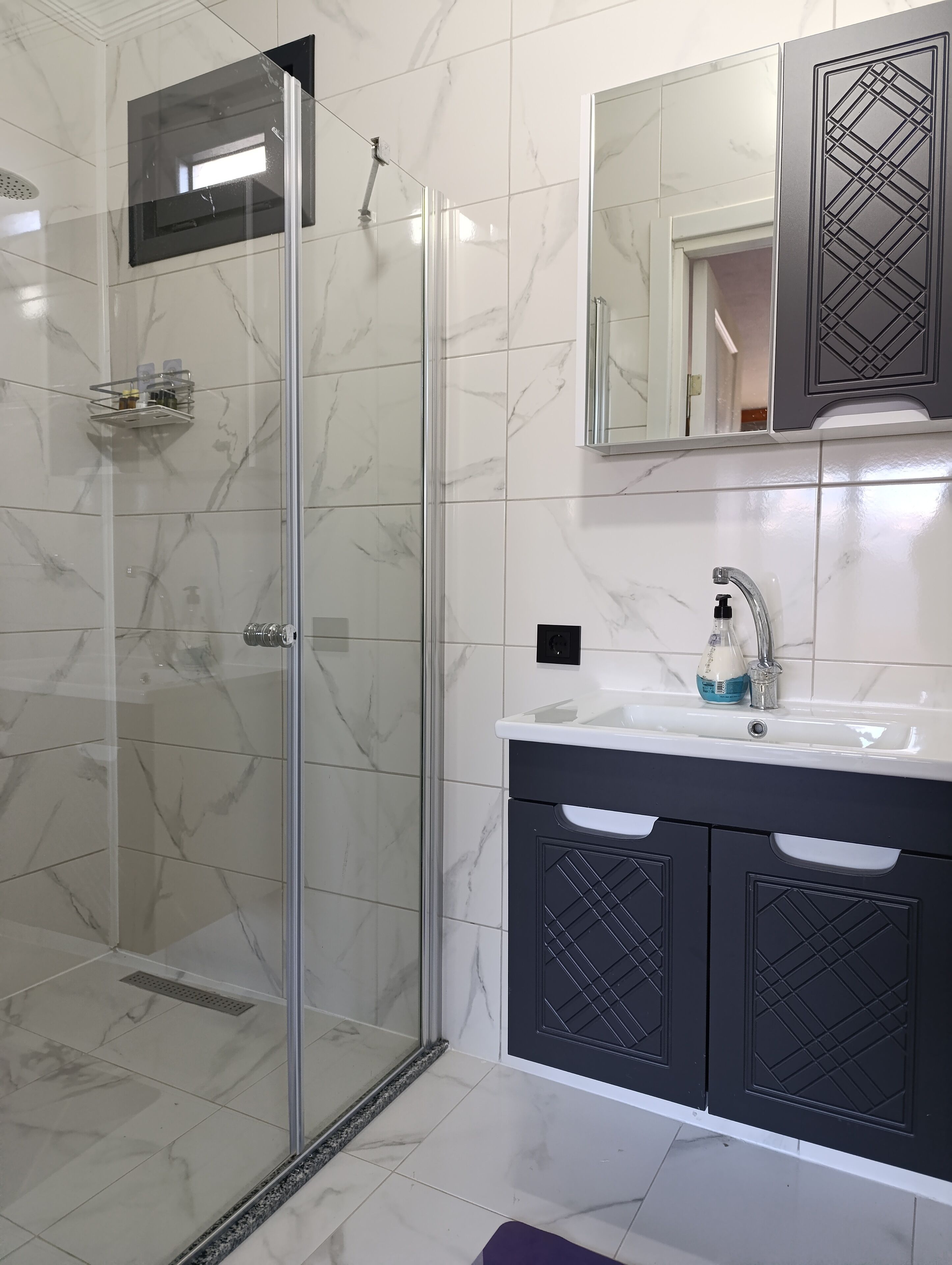 A modern bathroom with a glass-enclosed shower, a white sink with a soap dispenser, and dark cabinets.