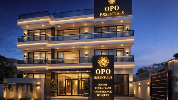 A multi-story hotel with a sign indicating it offers rooms, a restaurant, conference facilities, and a banquet hall. - OPO Essential Sec 21 (Gurugram)