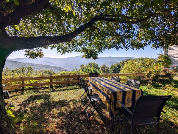An outdoor dining area with a table and chairs under a tree, overlooking a mountainous landscape.